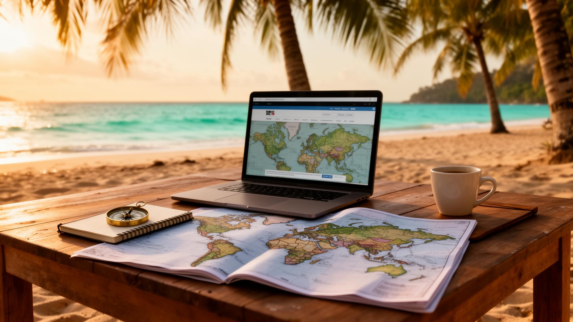 Laptop and world map on a beachside table at sunset
