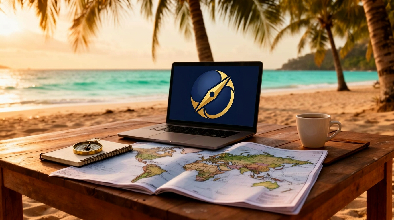 Laptop and world map on a beachside table at sunset